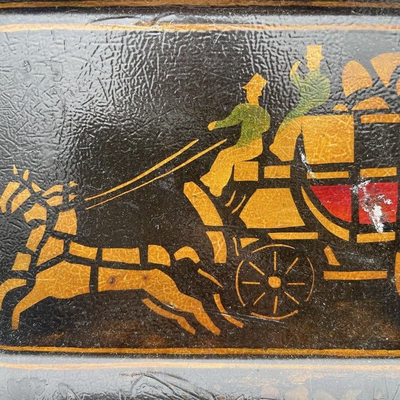 Vintage Hand Painted Toleware Rectangular Diminutive Tray Tip Snack Black Gold - Picture 13 of 16